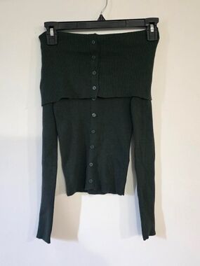 Off-Shoulder Ribbed Sweater - Dark Green